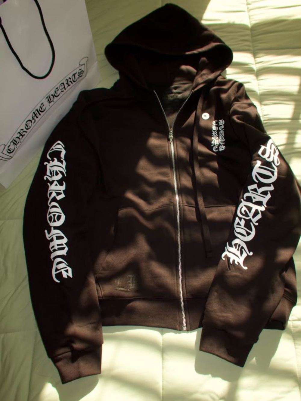 Chrome Hearts Black Zip Hoodie with White Gothic Sleeve Logos